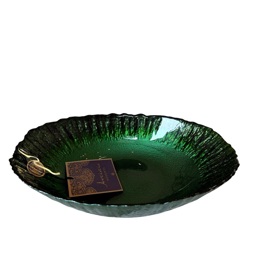 Akcam Metallic Green Turkish Glass Bowl Scalloped Edge 11x7.5 Holiday Glam New